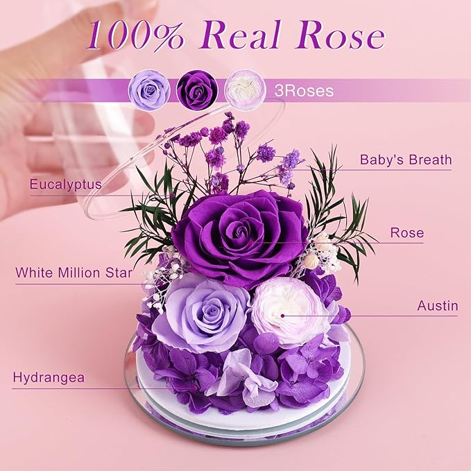 FIACO Gifts for Mom Women Birthday Preserved Rose in Glass Angel Figurine Forever Fresh Flower for Delivery, Mothers Day Flowers Gifts for Grandma Wife Daughter Friends