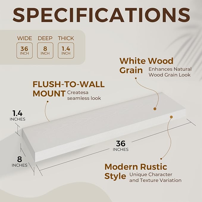Dreamland 36Inch White Floating Shelves 8" Deep Wall Mounted Set of 2 | Wall shelves for bathroom, bedroom, kitchen, deep wall mount wood storage display for home decor 36" x 8"