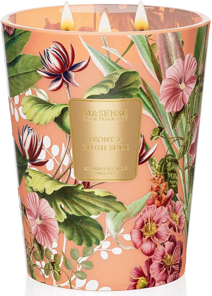 M&SENSE Peony Blush Suede Soy Candle, 35oz 3-Wick, Summer Romantic Gift | 150H Long Burn, Non-Toxic, Large Jar, Date Night, Bedroom Romance, Fancy Gifts for Women, Stress Relief, Luxury
