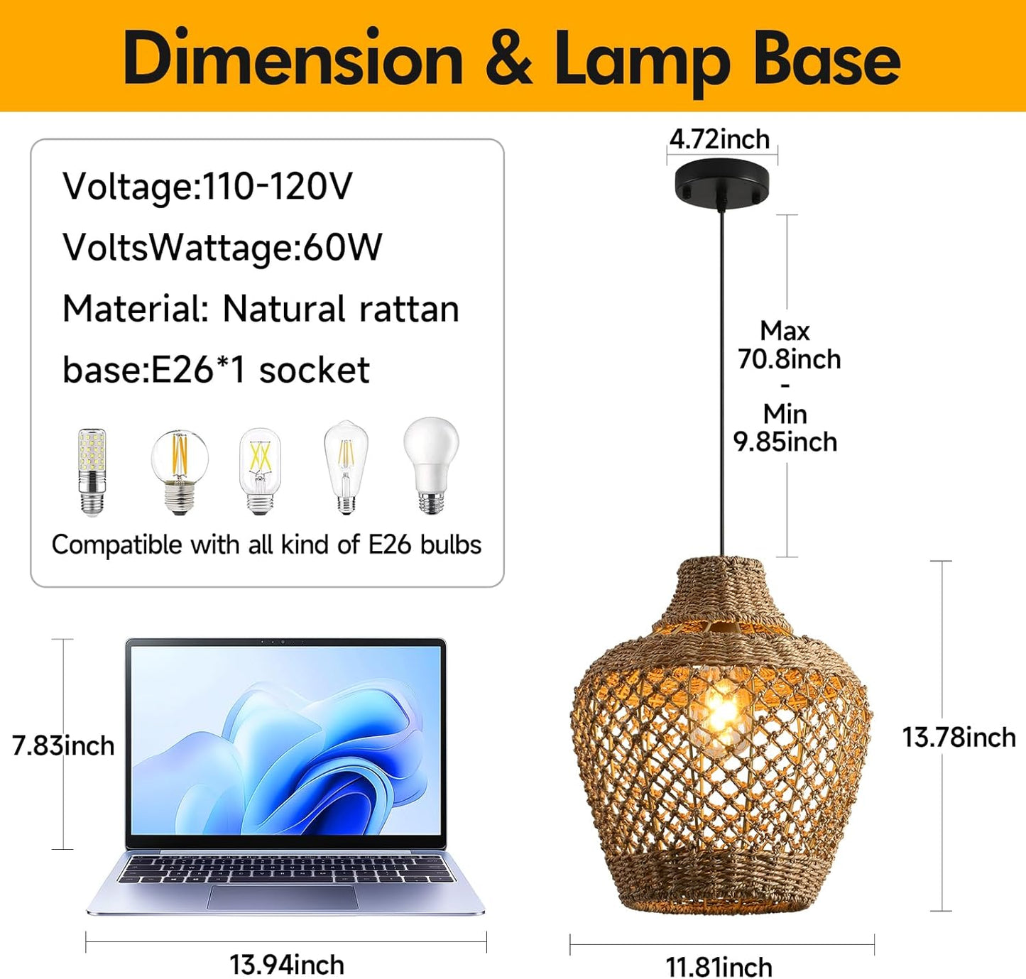 2-Pack Rattan Pendant Light,Bohemian 11.81” Wicker Chandelier,Handwoven Hanging Seagrass Chandeliers Fixture, for Farmhouse Kitchen Island Boho Dining Living