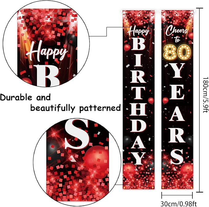 Happy 80th Birthday Porch Sign Door Banner Decor Red and Black – Glitter Cheers to 80 Years Old Birthday Party Theme Decorations for Men Women Supplies
