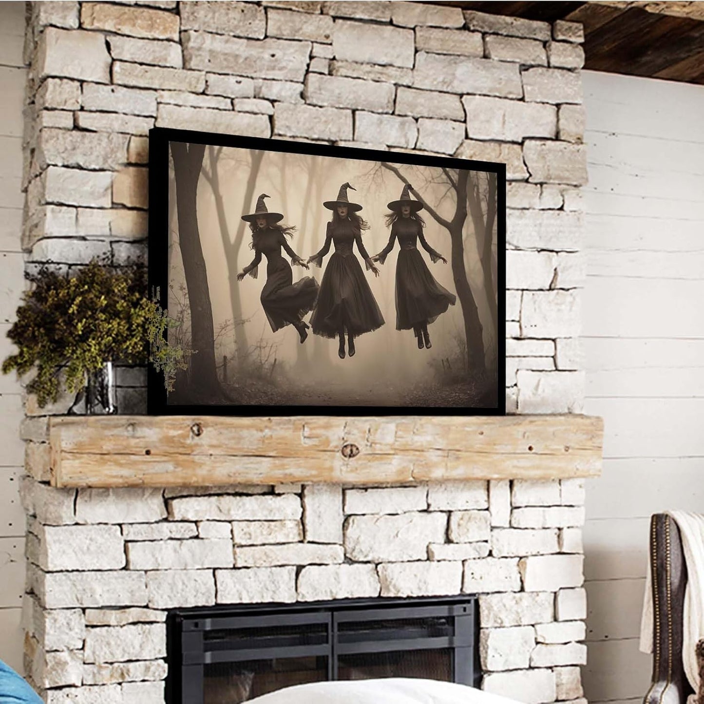 JFHCQJPK Three ghost witches flying in vintage forest gothic wall art witchcraft decoration holiday gift canvas wall art print12x16in Metal blackFramed