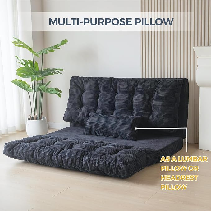 MAXYOYO Folding Sofa Bed, Tufted Bean Bag Bed with Pillows Floor Couch for Adults, Extra Thick and Long Floor Sofa, Twin Couch for Bedroom Living Room, Black, 39x91 Inch