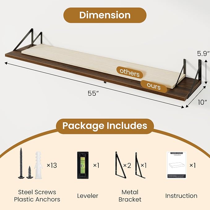 Acovy Deep Floating Shelves,55" Wx10 D Wood Wall Shelves Set of 2,Long Wood Floating Shelf with Metal Brackets,Floating Bookshelf for Living Room,Kitchen,Office,Bedroom,Decor Storage,Walnut