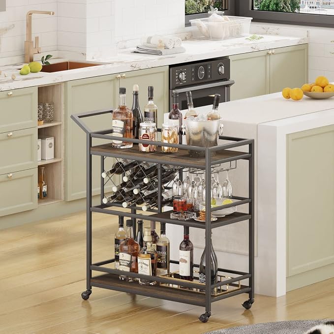 FATORRI Bar Cart for The Home with Wine Rack and Glasses Holder, Small Home Bar Serving Cart on Wheels for Liquor and Alcohol (Walnut Brown)