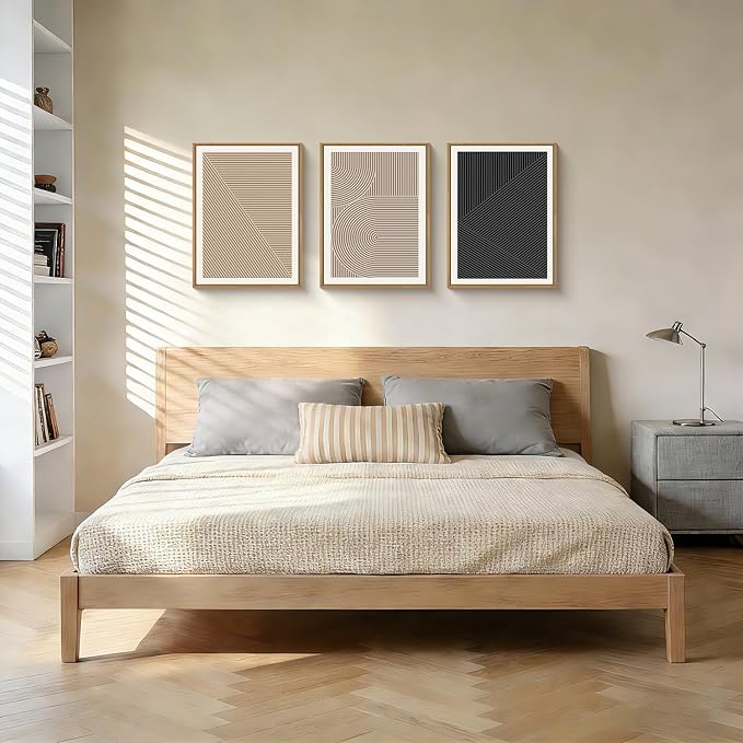 HPNIUB Abstract Neutral Framed Wall Art Set,Mid Century Modern Wall Decor,Boho Geometric Line Art Print,Beige Minimalist Textured Artwork for Living Room, Bedroom,Office-12 x16 x3