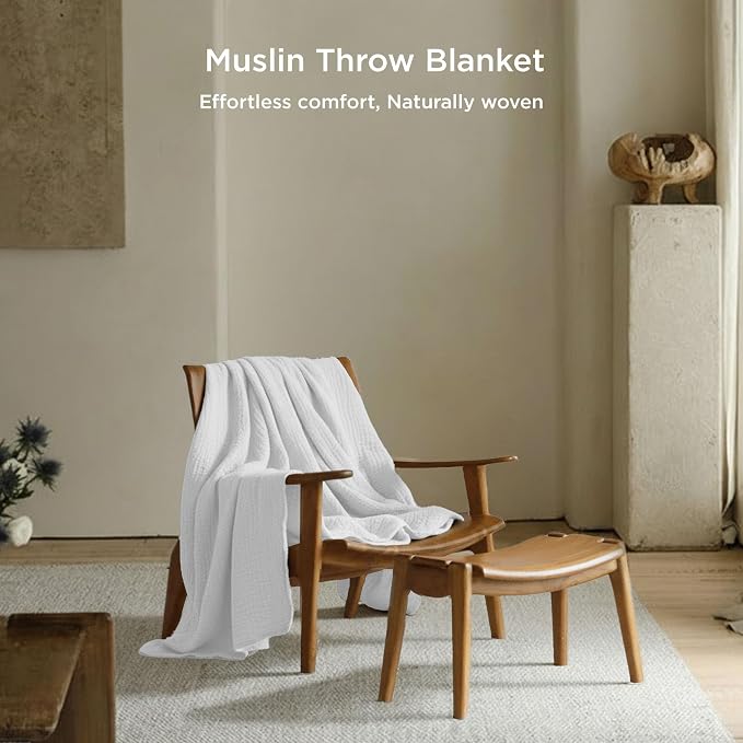 Threadmill Muslin Throw Blanket | 4 Layer 100% Cotton Gauze | Lightweight, Breathable, and Soft All Season Blanket | 50 x 65 Cozy Throw for Sofa, Couch & Bed | White