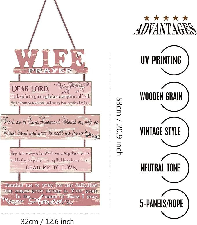 Wife Prayer Rustic Wall Sign with 5pcs Panels in Soft Pink - Christian Religious Farmhouse Hallway Family Decor - Thank You Plaque Gifts for Women Couples