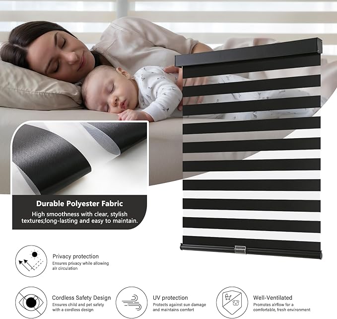 AOSKY Cordless Zebra Blinds for Windows Pull Down Roller Window Shades Dual Layer Light Filtering Privacy for Day and Night, Free-Stop Door Shades for Home Easy to Install (22" W X 72" H, Black)