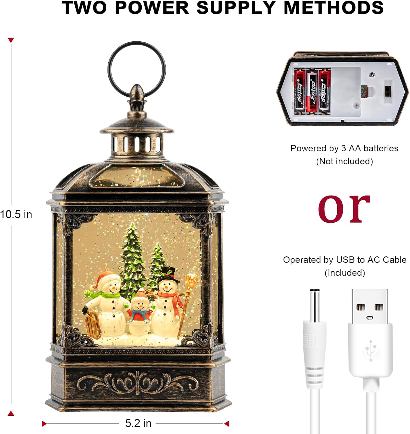Christmas Snow Globe Lantern Water Glittering Snowman Family with Music & Timer, USB Lined/Battery Operated Lighted Lantern for Christmas Festival Decoration Gifts