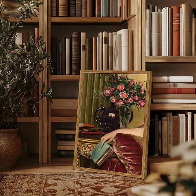 Framed Vintage Wall Art, Moody Victorian Wall Decor Paintings, Mid Century Modern Antique Book Woman Still Life Canvas Prints Pictures Home Decor Aesthetic for Living Room Bedroom Bathroom 16x24 inch