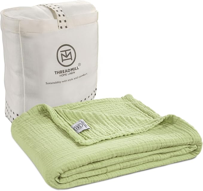 Threadmill Muslin Throw Blanket | 4 Layer 100% Cotton Gauze | Lightweight, Breathable, and Soft All Season Blanket | 50 x 65 Cozy Throw for Sofa, Couch & Bed | Sage Green