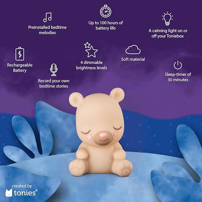 Tonies Night Light - Sleepy Bear Audio Play Character from Sleepy Friends | Warm Glow | 75 Minutes of Beautifully Composed Melodies | Record Your Own Bedtime Stories