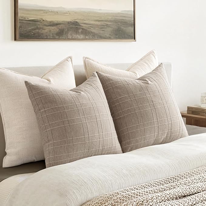 MIULEE Decorative Linen Check Euro Shams Throw Pillow Covers Neutral Farmhouse Vintage Pillow Covers 22x22 Set of 2 Boho Modern Home Decor for Sofa Couch Bedroom Cushion Natural Linen
