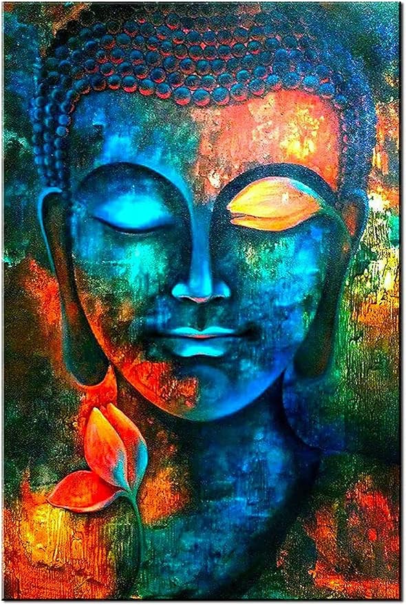 Zen Wall Art Colorful Buddha Wall Decor for Living Room Buddhism Pictures Painting Abstract Lotus Flower Canvas Prints Blue Religious Poster Artwork Bedroom Meditation Room Yoga Home Decoration 24x36"