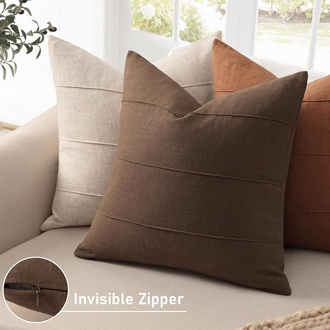 ZWJD Decorative Linen Throw Pillow Covers 20x20 Set of 2 Solid Handcrafted Striped Cushion Covers for Bed Soft Modern Farmhouse Neutral Pillowcase for Couch Bedroom Living Room Home Decor(Brown)