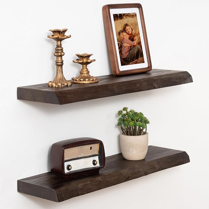 Marsmiles 24 inch Floating Shelves for Wall Elm Wood Live Edge Shelves|Rustic Wall Shelves with Invisible Heavy-Duty Bracket for Bathroom Living Room Kitchen|Walnut, 2 Pack