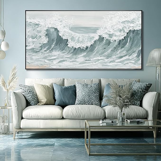 Large Framed Green Giant Waves Abstract Ocean Nature Wall Art Modern Neutral Wall Decor Canvas Print Textured White Painting Pictures for Living Room Bedroom Home 29"x58"