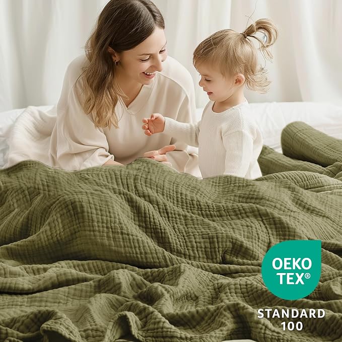 100% Cotton Muslin Blanket 40" x 40", Breathable and Lightweight Cotton Throw Blankets, Soft Cooling Summer Gauze Blanket for All Season, Oive Green