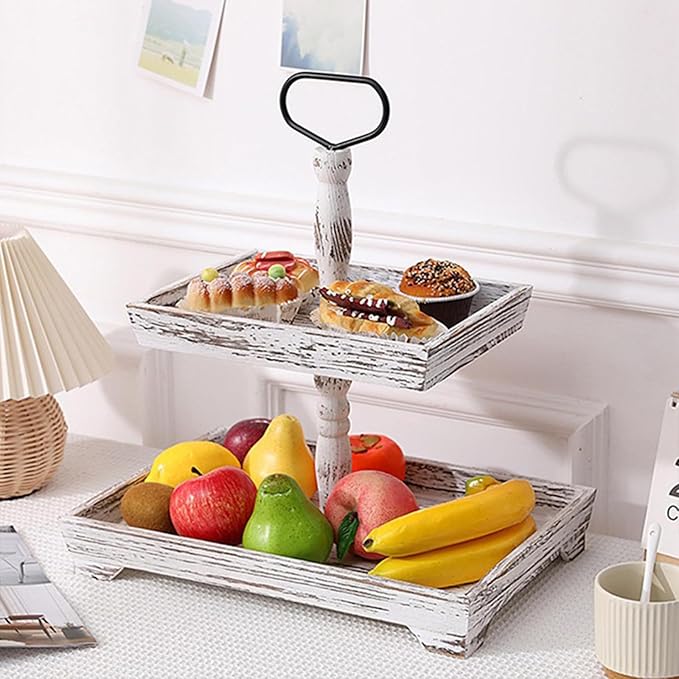 Farmhouse 2 Tiered Tray Stand for Home Decor, Wooden Serving Tiered Tray for Coffee Bar Table Centerpiece, Decorative Trays Kit for Countryside, Round Rustic Stand for Cake Cupcake (Washing White)