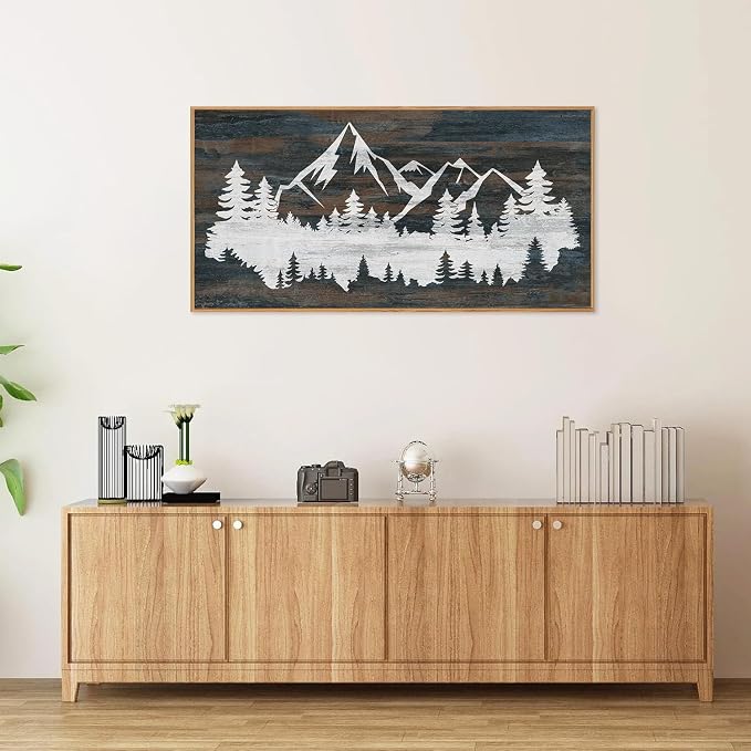 Rantodecor Vintage Mountain Framed Canvas Wall Art, White Snowy Nature Landscape Wall Decor, Rustic Wilderness Forest Art Paintings, Modern Farmhouse Artwork for Bedroom Living Room Office 40"x20"