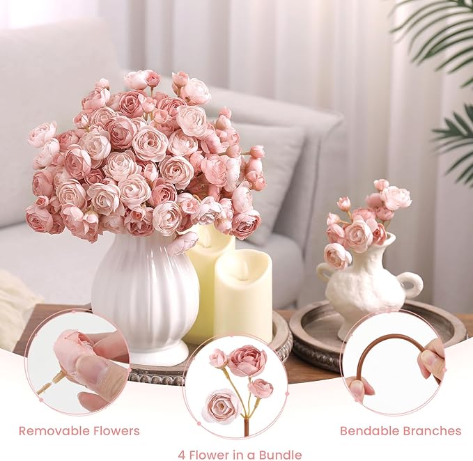 Alupssuc 54Pcs Ranunculus Artificial Flowers Faux Silk Mini Ranunculus, Spring Flowers Artificial Indoor for DIY Bouquets, Bulk Fake Wedding Filler Flowers for Bride Shower Decorations, Dusty Rose