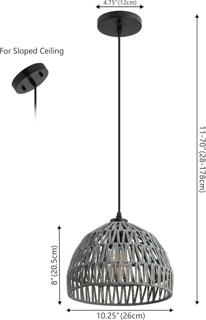 JONATHAN Y 10.25" Gray Modern Bohemian Woven Rope LED Pendant Light Fixture, Adjustable Dome Ceiling Lamp for Kitchen Island, Rope Shade, Coastal Farmhouse Decor (JYL6513D)