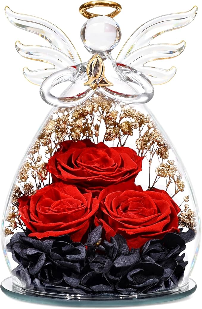 Beferr Mothers Day Mom Birthday Gifts for Women, Fresh Flowers for Delivery Forever Preserved Rose in Glass Angel Figurine, Anniversary Christian Real Rose for Grandma Nana Wife Mum from Daughter Son