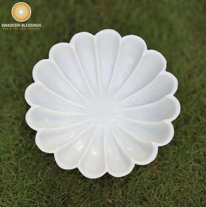 SWADESHI BLESSINGS HandCrafted Marble Decorative Bowl | White Ruffle Scalloped Fluted Key/Fruit Ring Dish | Organic Modern Home Decor (9 Inches)