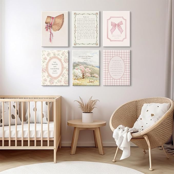 Christian Nursery Wall Art Bible Verse Canvas Wall Decor Pink Vintage Girls Nursery Poster Scripture Floral Bow Print Coquette Room Decor Pictures Jesus Artwork for Bedroom 12x16x6 Inch Wrapped Canvas