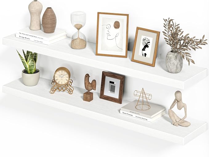 Heimlove Floating Shelves for Wall 48 Inches Long,9.3" Deep White Floating Shelf Set of 2,Wall Mounted Shelves for Bathroom Bedroom Living Room Kitchen Office,Shelf for Books Storage Room Decor