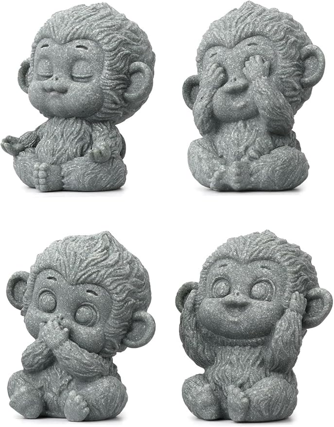 4 Piece Cute Monkey Figurine Set, Sandstone See no Evil,Hear no Evil,Speak no Evil,Do no Evil Statues, Zen Desk/Garden Decor, Mindfulness Animal Accents for Home Office
