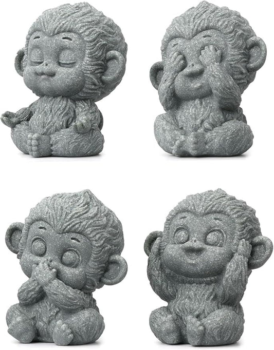 4 Piece Cute Monkey Figurine Set, Sandstone See no Evil,Hear no Evil,Speak no Evil,Do no Evil Statues, Zen Desk/Garden Decor, Mindfulness Animal Accents for Home Office