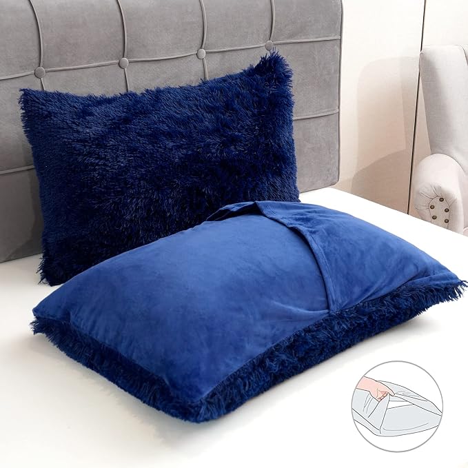 Fluffy Plush Duvet Cover Set King Size, Luxury Ultra Soft Velvet Fuzzy Comforter Cover Bed Sets 4Pcs(1 Faux Fur Duvet Cover + 2 Pillow Cases + 1 Pillow Cover) Zipper Closure (King, Navy Blue)