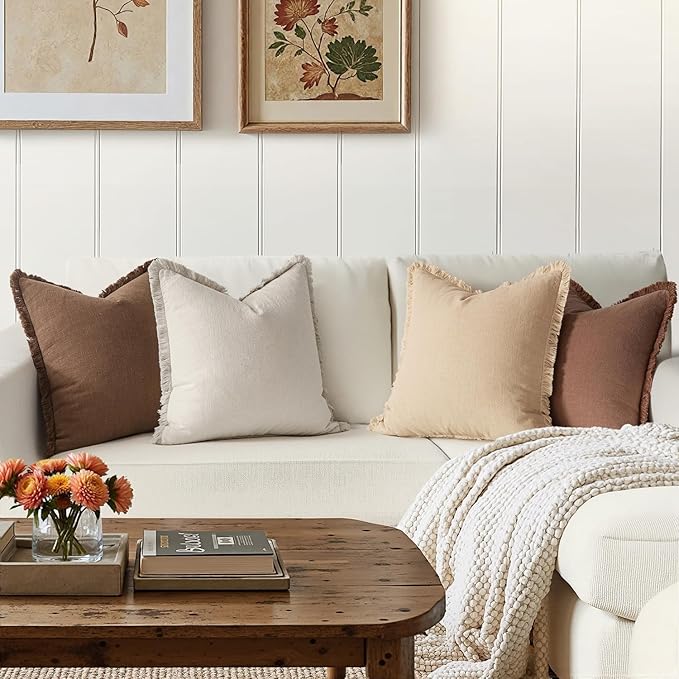 MIULEE Decorative Couch Pillow Covers Neutral Linen Fringe Throw Pillows Set of 4 Accent Rustic Cushions Boho Farmhouse Pillowcases for Bed Sofa Living Room Spring Home Decor 24x24 Inch Beige/Brown