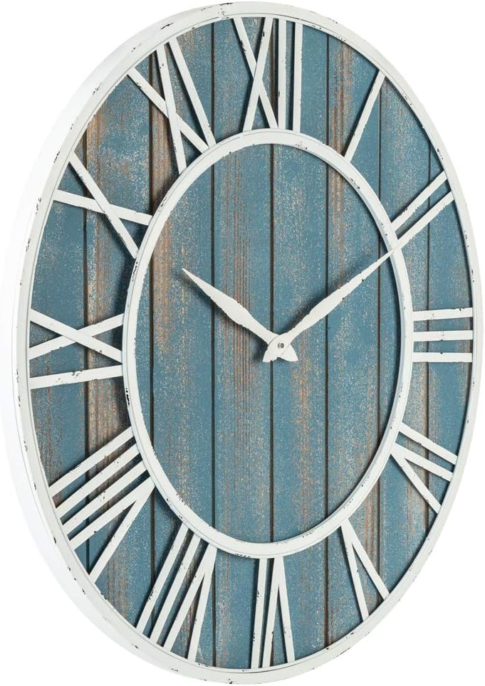 36" Coastal Wall Clock - Metal & Solid Wood Noiseless Weathered Beach Blue Wall Clock
