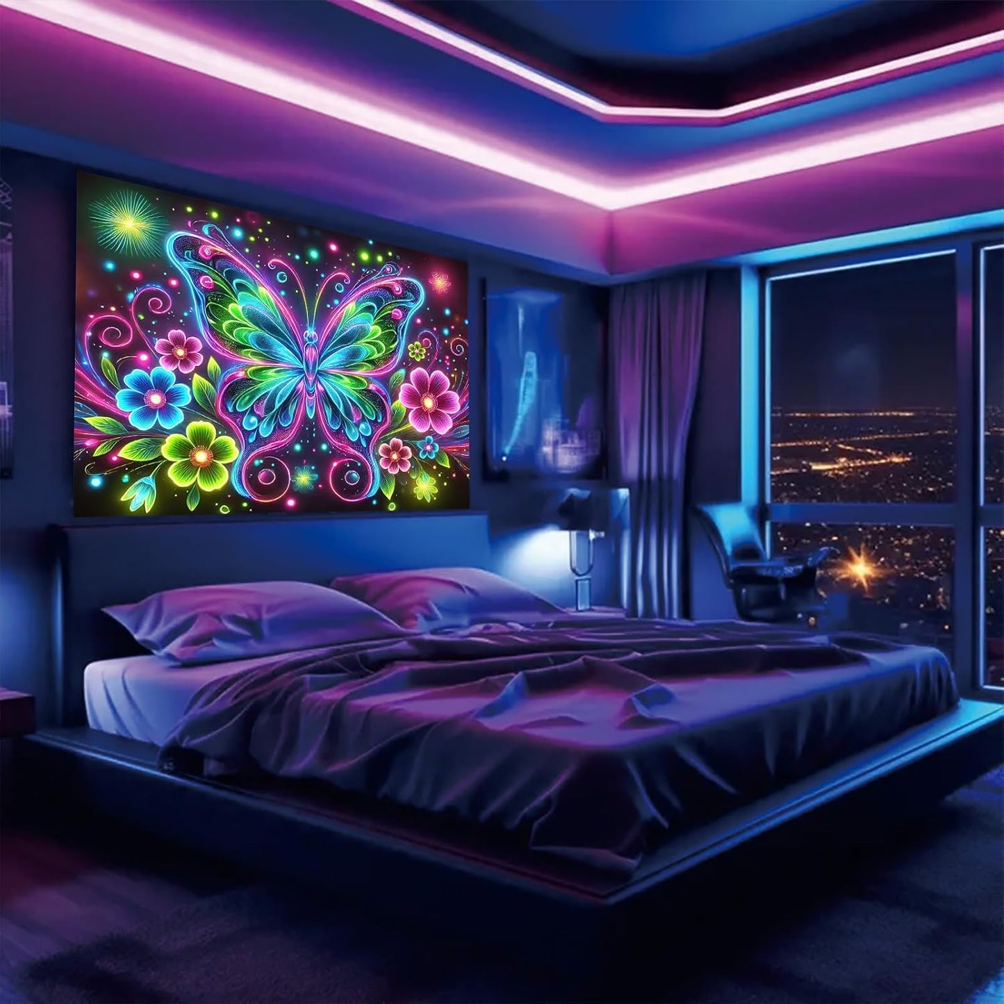 Starlit Patio Blacklight Butterfly Tapestry UV Reactive Glow in The Dark Wall Hanging Trippy Neon Floral Tapestry Poster Landscape Backdrop for Bedroom Living Room Dorm Aesthetic Decor 78 x 59 Inches