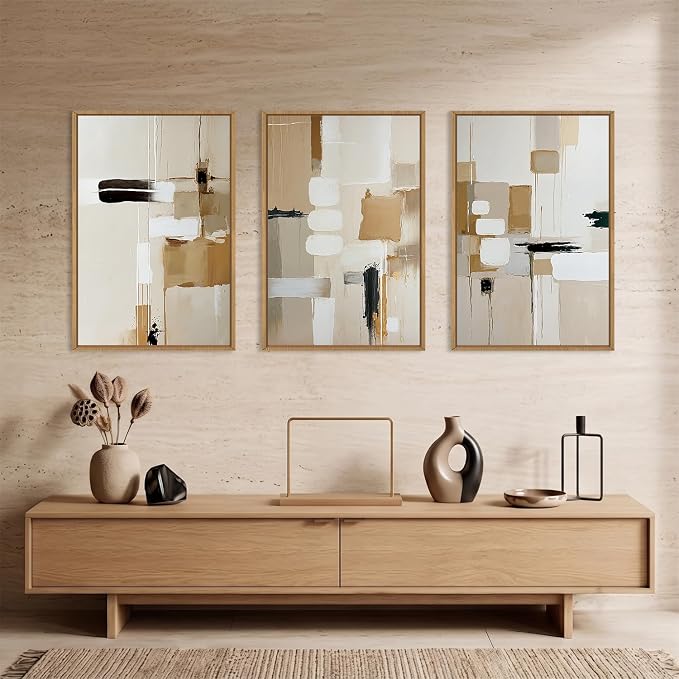 Large Abstract Beige Framed Canvas Wall Art Set, Neutral Textures Wall Decor, Warm Minimalist Shapes Wall Painting, Modern Neutral Art Prints for Living Room, Bedroom, Office - 24"X36"X3