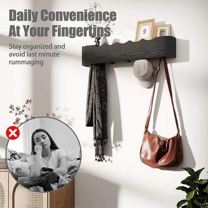 Coat Rack Wall Mount with Shelf 5 Hidden Hooks Modern Wooden Key Holder Entryway Organizer for Hallway Bedroom Bathroom Home Decor Storage for Hanging Coats Hats Bags Towels, Wave-Shape Black