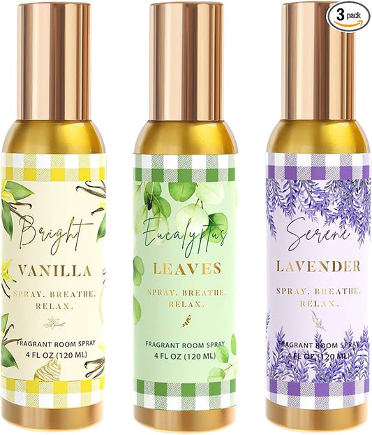 Room Spray, Bright Vanilla, Eucalyptus leaves, Serene Lavender, 3 Pack, Each 4 fl oz, Air Freshener for Home, Long-Lasting Odor Eliminator for Bathroom and Office
