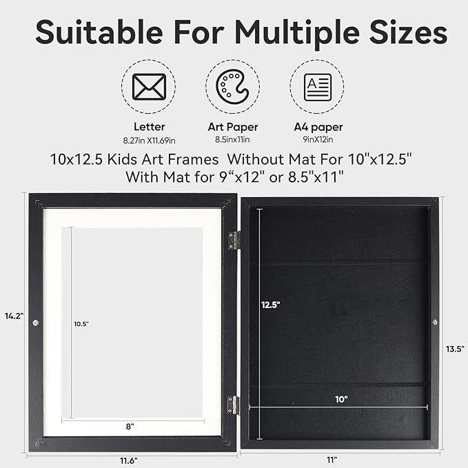 Kids Artwork Frames Changeable - Front Opening Holds 150, Children Art Projects, 10x12.5 Picture Frame for Display, With Storage (Black)