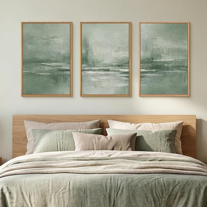 HPNIUB Large Abstract Sage Green Framed Canvas Wall Art Set,Vintage Neutral Brush Stroke Wall Decor, Minimalist Lake Landscape Artwork for Living Room,Bedroom,Office-16 x24 x3