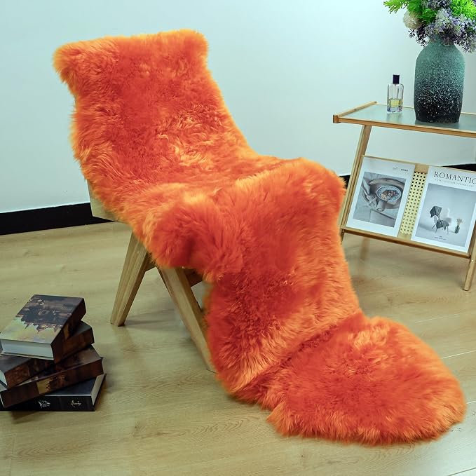 Orange Genuine Sheepskin Rug, Fluffy Fuzzy Soft Shaggy Fur Area Rug for Bedroom Living Room Fur Wool Pray Pup Carpet Cushion, Chair Sofa Seat Cover, Double Pelt/2FT*6FT