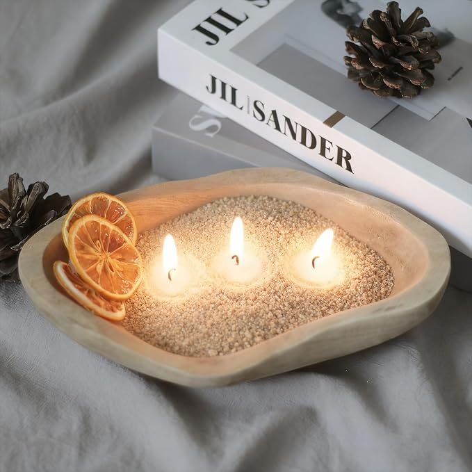 GrusoSP Reusable Wooden Dough Bowl Candle with 18 Oz Pearled Candle Sand and 30 Wicks Unscented Palm Wax Refillable Powder Candles DIY Wax Making Kit (Sand)