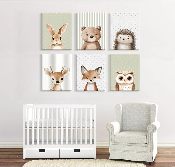 Woodland Animal Nursery Wall Art Baby Kids Canvas Poster Safari Animal Wall Decor Jungle Forest Prints Bear Fox Deer Pictures Sage Green Painting Neutral Artwork for Bedroom 12x16x6 Inch Ready to Hang