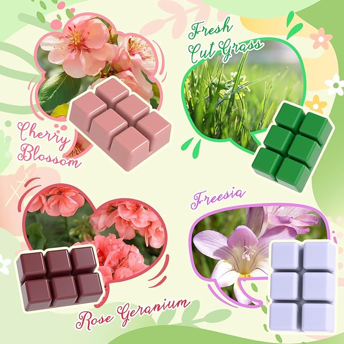 Spring Scented Wax Melts, Soy Wax Cubes Gift Set, Strong Fragrance Wax Tarts for Wax Warmer, Cherry Blossom, Jasmine, Freesia, Sweet Pea, Spring Rain, Fresh Cut Grass, Bamboo, Rose Geranium