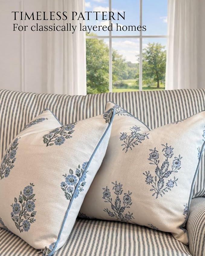 Jillien Harbor “The Camille” Floral Block Print Pillow Cover – Soft Blue and White Decorative Throw Pillow Cover – Grandmillennial Home Decor, 20" x 20"