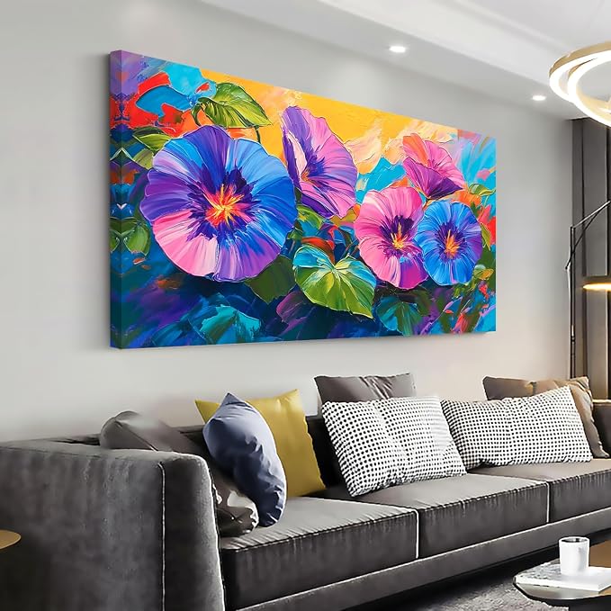 Ggaafet Blue Purple Flowers Wall Art for Living Room Canvas Oil Painting Prints Beautiful Morning Glory Floral Blooming Art Deco Vibrant Artwork Office Bedroom Family Dining Room Decor Large