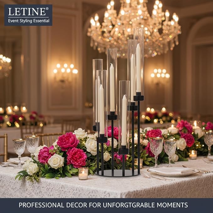 LETINE 6-Arm Black Candelabra, 23.96" Tall Candelabra Centerpieces for Tables with Glass Lampshade & Heavy Base, Vintage Tall Candle Stick Holder for Indoor Outdoor Wedding Party Decor.