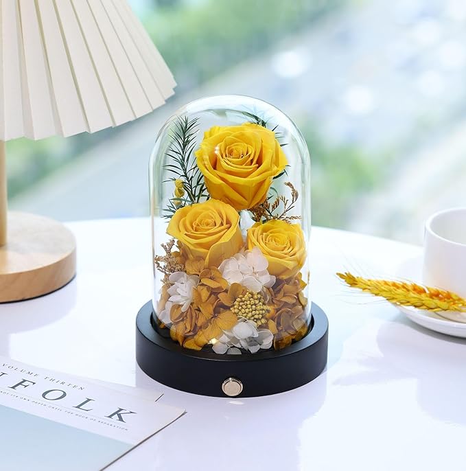 Preserved Flowers in Glass Dome with LED, Forever Yellow Roses for Delivery, Valentines Day Anniversary Birthday Mothers Day Flower Gifts for Mom Her Women Wife Mother